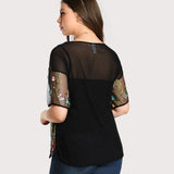 Plus-Size Black Sheer Embroidered Blouse