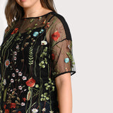Plus-Size Black Sheer Embroidered Blouse