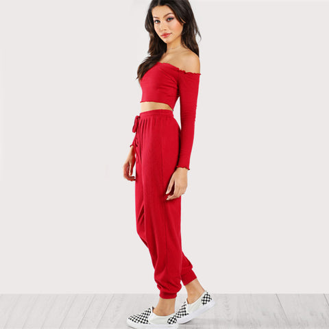 Red Two-Piece Off-Shoulder Casual Set