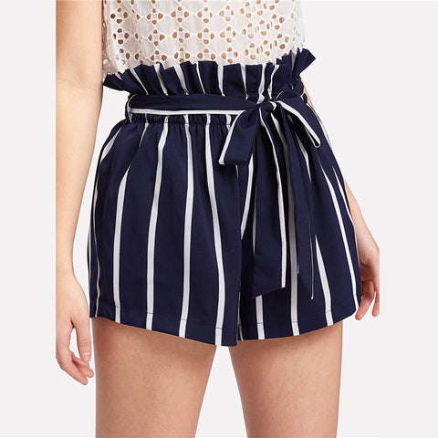 Striped Belted Ruffle Waist Boho Shorts