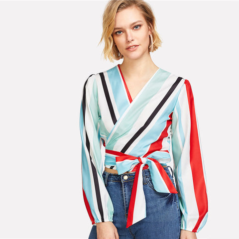 Color Block Front Knot Striped Blouse