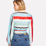 Color Block Front Knot Striped Blouse