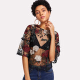 Embroidered Multicolor Half Sleeve Sheer Blouse