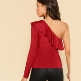 Red Flounce One-Shoulder Fitted T-Shirt