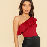 Red Flounce One-Shoulder Fitted T-Shirt